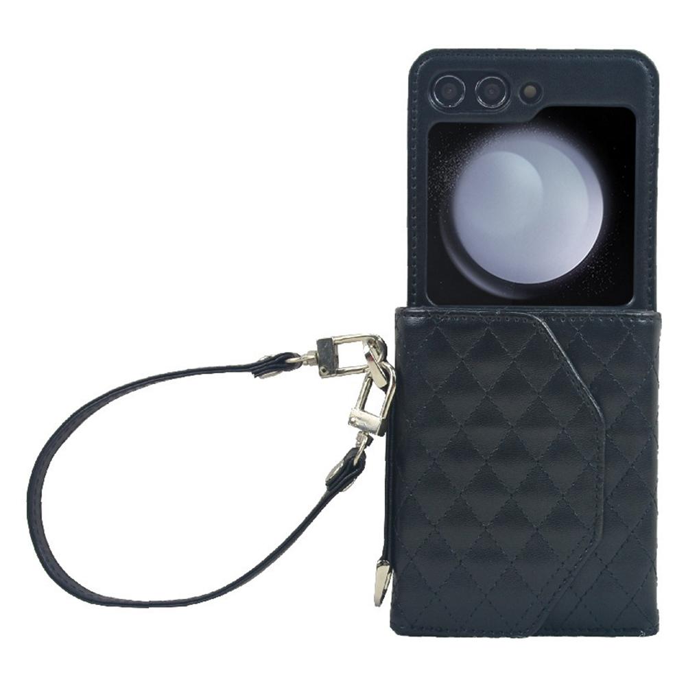 

For Samsung Galaxy Z Flip5 5G Case Rhombus Pattern Leather PC Wallet Phone Cover with Strap A