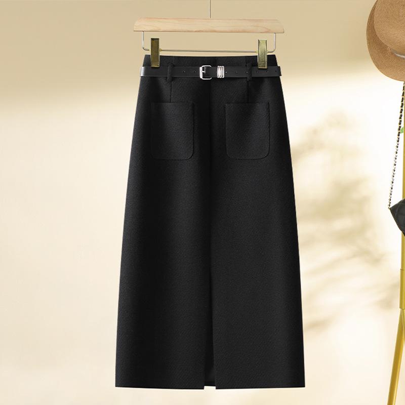 

Жіноча вовняна облягаюча міді-спідниця - Весна/Осінь, облягаючий фасон зі розрізом XXXL (135-145 jin) чорний