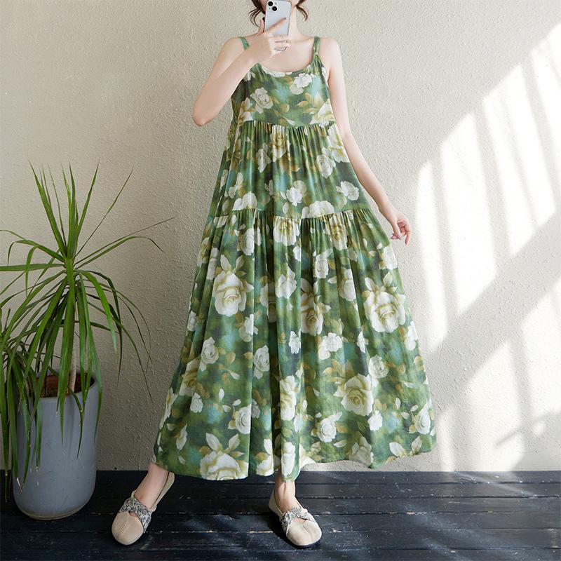 2025 Summer Cotton Linen Patchwork Long Dress with Large Hem and Slimming Fit
