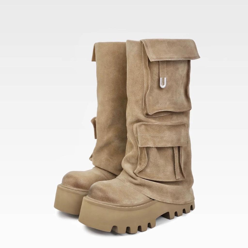 2025 autumn and winter new brown fashion boots versatile thick-soled cowhide version retro European and American style pocket trouser tube boots women