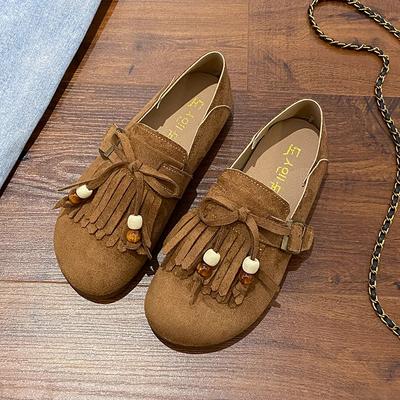 Cow Suede Round Toe Flats Spring/autumn Slip-on Women's Shoes On Sale 2025 New Solid Butterfly-knot Tassel Women's Shoes