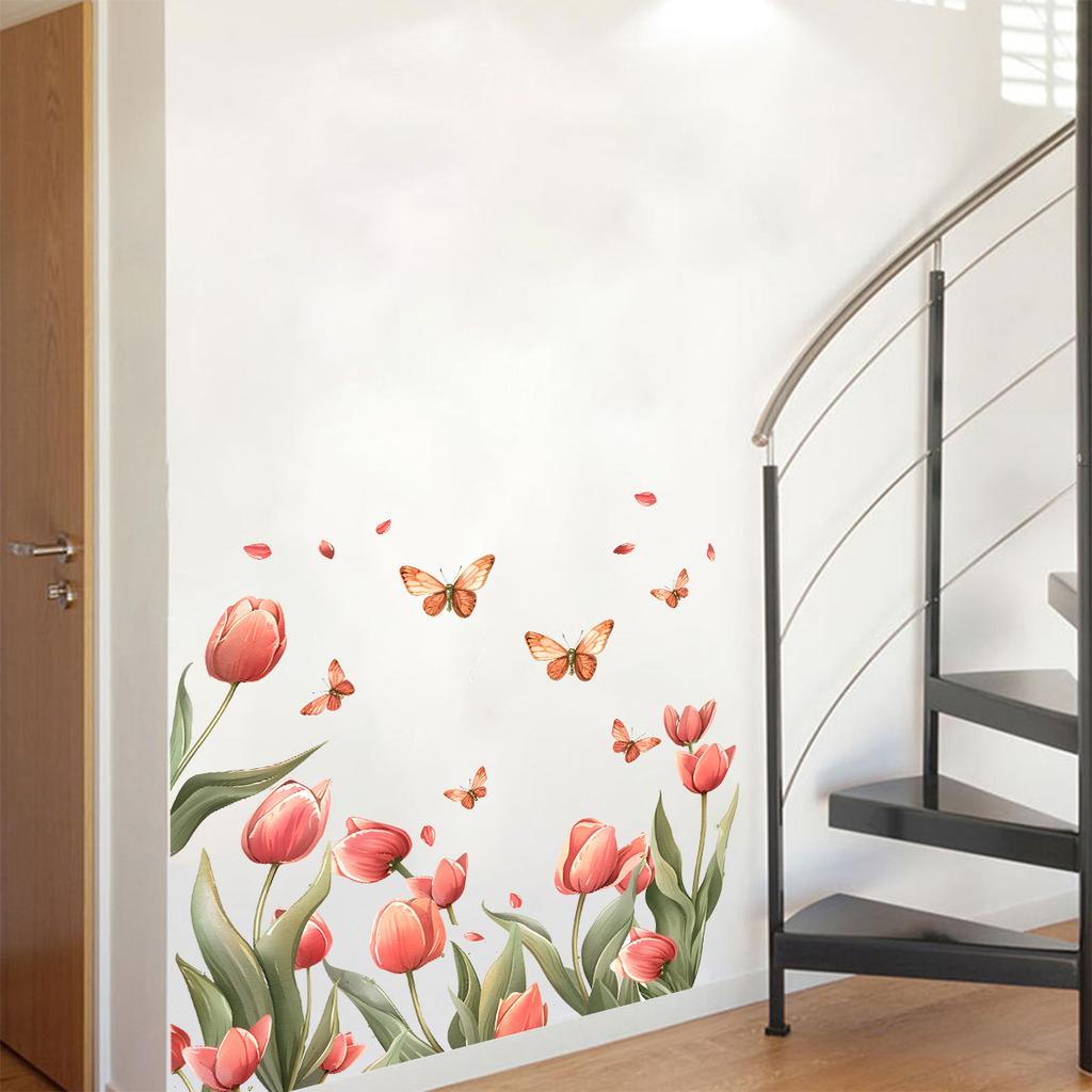 Tulip Butterfly Flowers Wall Stickers for Kids Room Nursery Kindergarten Classroom Wall Decoration Skirting Board Design