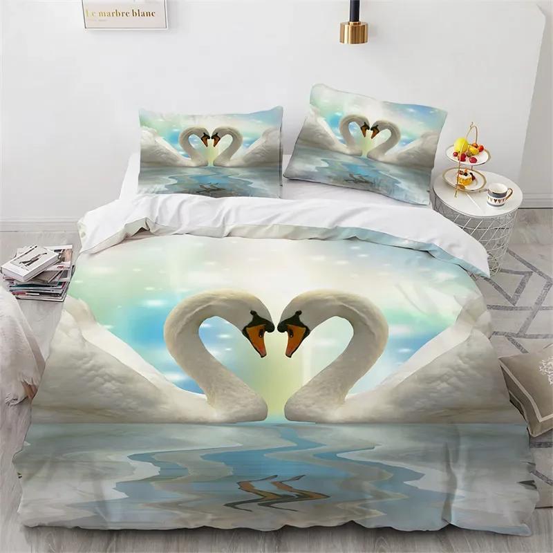 Comforter Romantic Swan Microfiber Flower Bedding Set Wild Animals Twin King For Girls Teen Adults Bedroom Decor