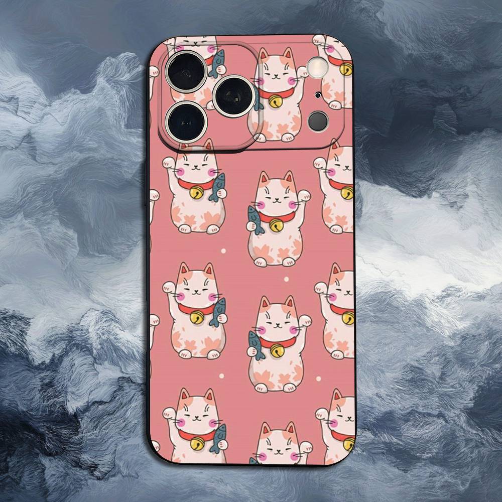 Cartoon Lucky Cat Phone For iPhone 13,12,15,14,11,16,17,Plus,Pro Max,XS,X,XR,SE,Mini,8,7,Soft Silicone Black