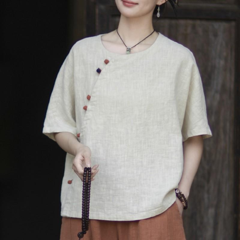 Johnature Women Vintage Shirts Summer Chinese Style Solid Color O-Neck Short Sleeve Button Female Tops