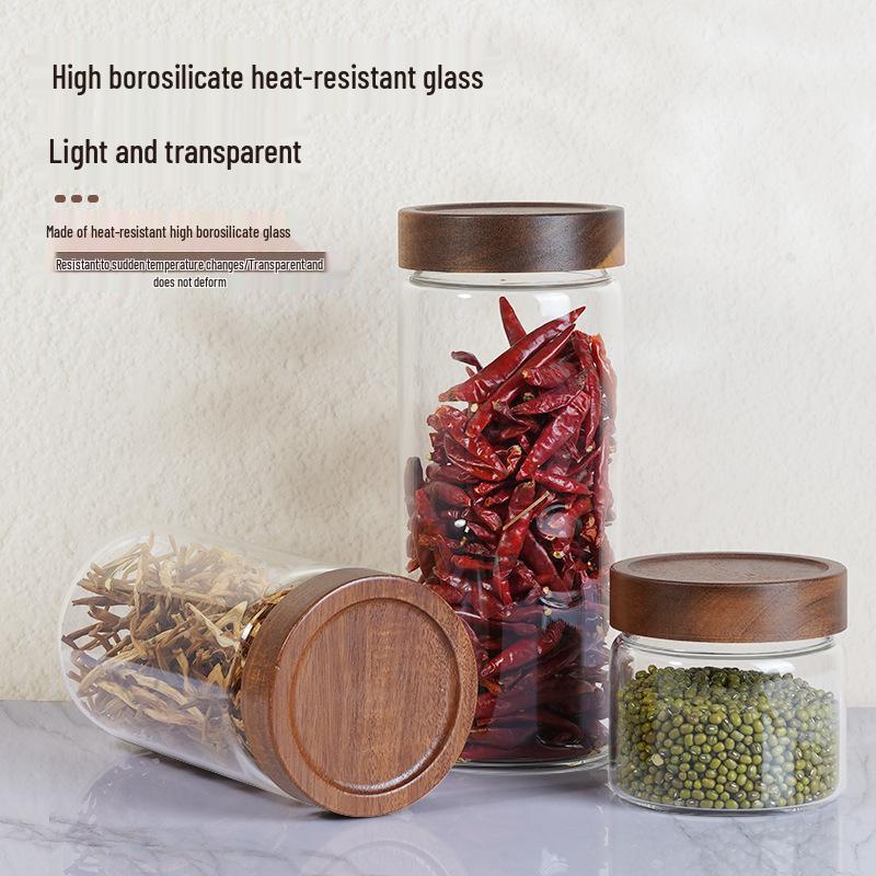 Airtight Glass Storage Jar with Acacia Wood Lid - Thick Transparent Jar for Grains and Cereals