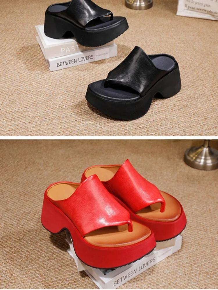 Johnature Chanclas de Cuero Genuino con Suela Gruesa Cuñas Retro para Exteriores Zapatillas Zapatos de Plataforma para Mujer