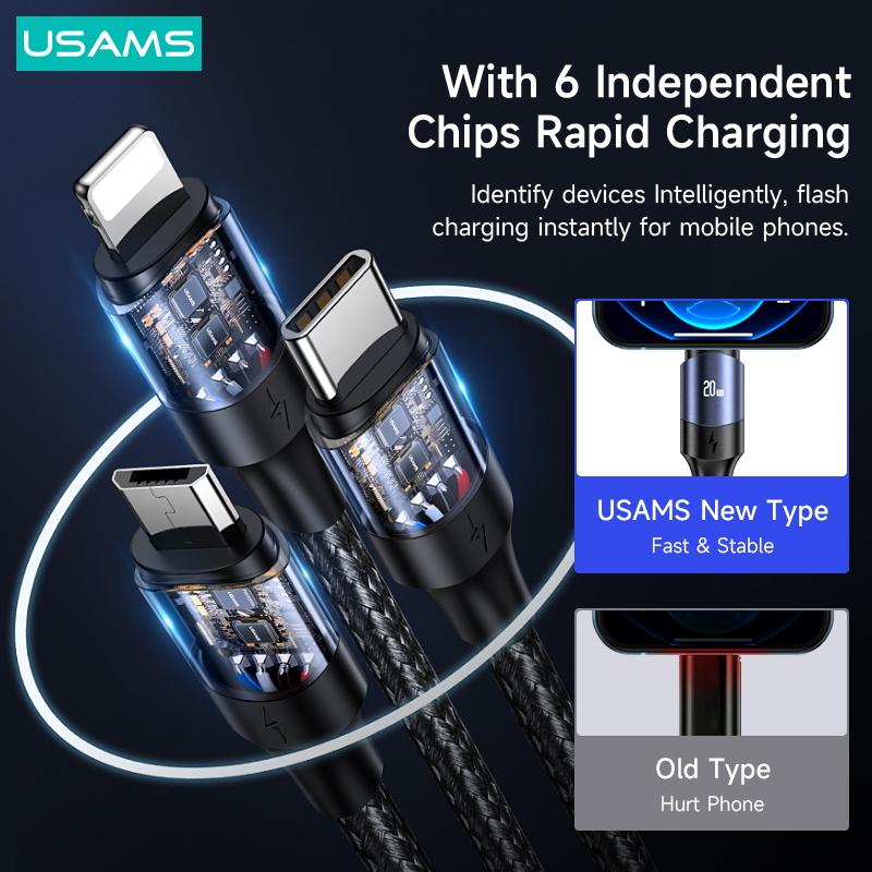 USAMS PD 100W 5 In 1 Fast Charge Data Cable QC 3.0 USB To Type C Micro USB Lightning Cable For iPhone iPad Huawei Xiaomi Samsung