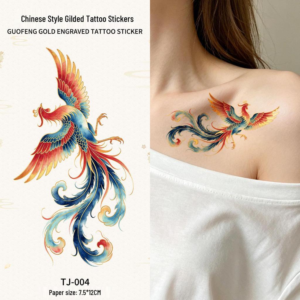 Chinese Style Waterproof Phoenix & Koi Tattoo Sticker - Long-lasting, Aesthetic Dunhuang Design for Arm & Collarbone