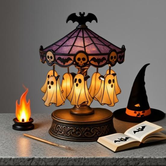 Duchový kolotočové světlo Vitrážový kolotoč Noční světlo s plovoucím duchem Halloweenská stolní lampa na čtení do ložnice krbová římsa stolní dekorace