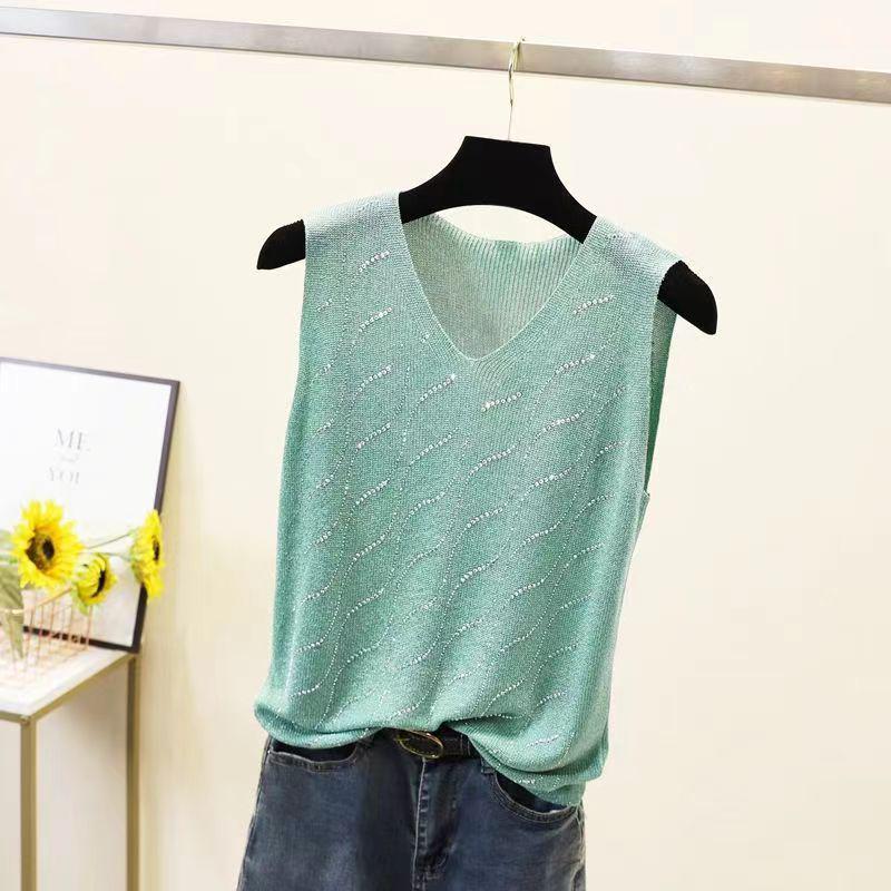 2023 Shiny Silk Sleeveless V-Neck Women's Vest - Spring/Summer New Style, Loose Fit with Hot Diamond Sling Knitted Design