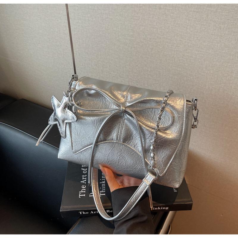 

Сумка большой вместимости женская летняя новая повседневная сумка-мессенджер на цепочке с бантом, высококлассная сумка для поездок на работу серебряный