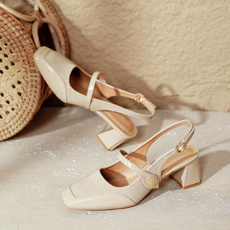French high heels thick heel 2025 new large size women's shoes square head empty single shoes women's middle heel fashion bag head sandals