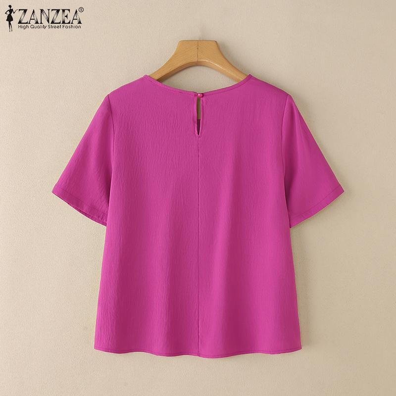 ZANZEA Lässige Bluse mit Rundhalsausschnitt, einfarbig, für den Sommer, kurzärmelig