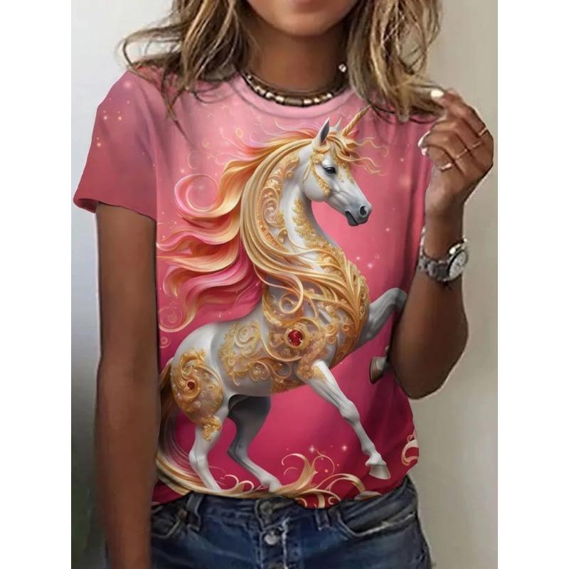 Haut décontracté à manches courtes et col rond avec imprimé animal cheval pour femme