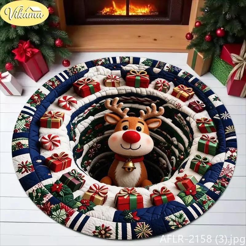Cute Cartoon Christmas Reindeer Rug Non Slip Absorbent Round Living Room Mat Entryway Rug Washable Festive Home Decor