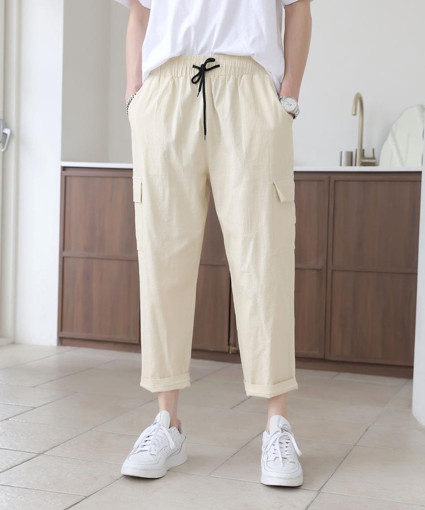 Jikeulib Elastic Waist Spandex Pocket Crooked Wide Pants