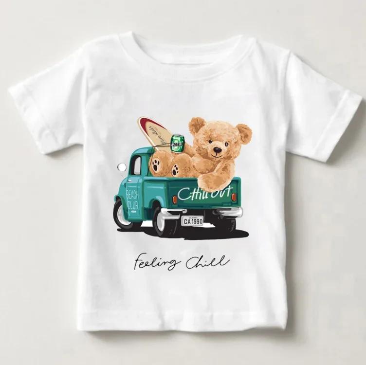 Boys and Girls Ride Motorcycles and Cars in White T-shirts Printed with Bears, Harajuku Baby Fun Clothes, Tops