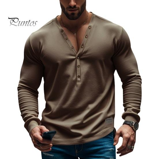 

Мужской топ весна-осень с декором на пуговицах, V-образным вырезом, длинными рукавами, однотонный пуловер, футболка, эластичный облегающий спортивный топ для фитнеса M коричневый