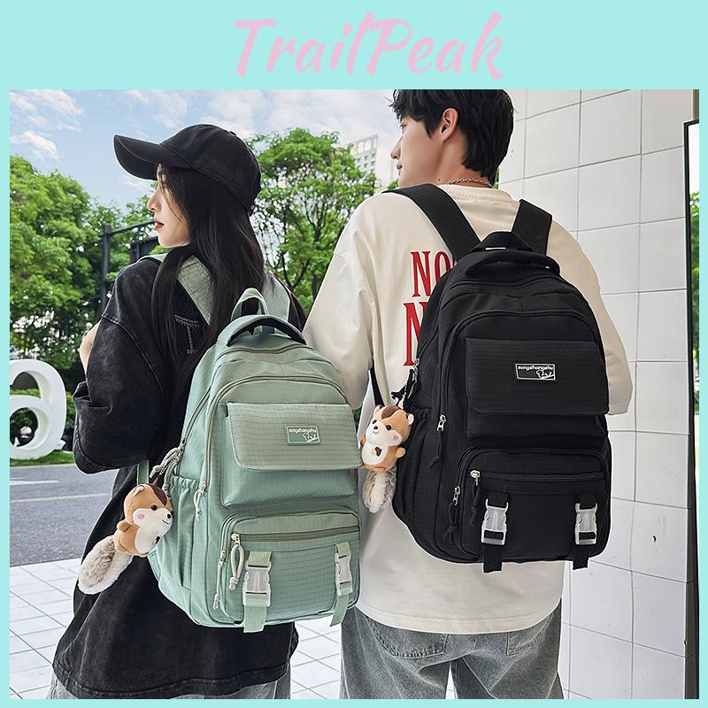 Color Solid Simple Checkered Texture Student Backpack With Pendant Plush