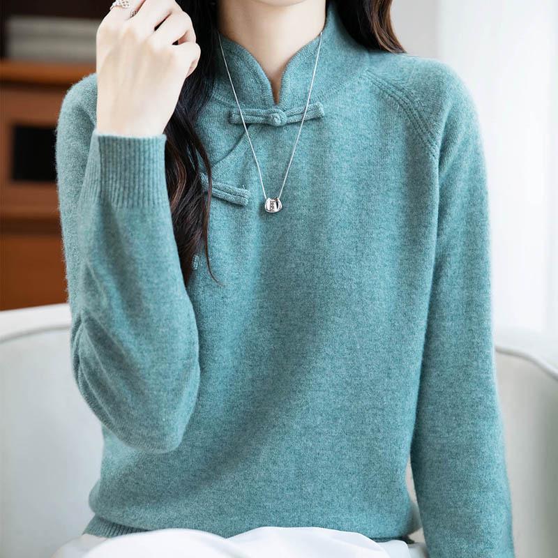 100% Australian Wool Retro Chinese Style Frog Button Sweater - Women's Thick Wool Base Layer for Autumn/Winter 2025.
