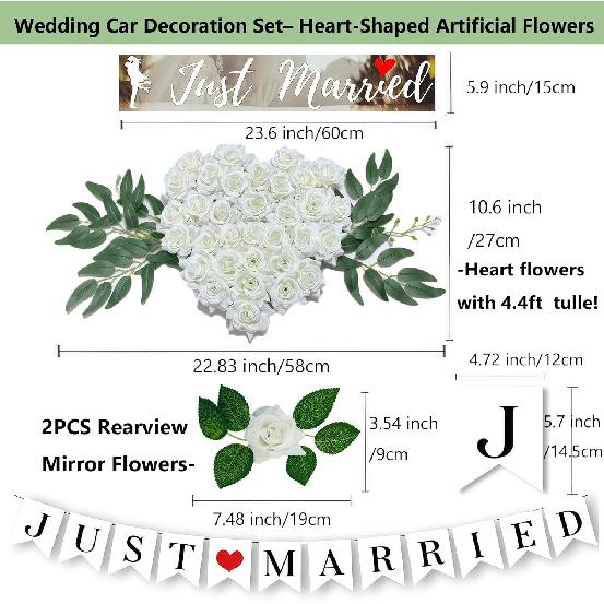 Heart-Shaped Wedding Car Hood Decoration With Angel Wing Design –2 Rearview Artificial Flowers, White Tulle Ribbons & Just Married Decal Set