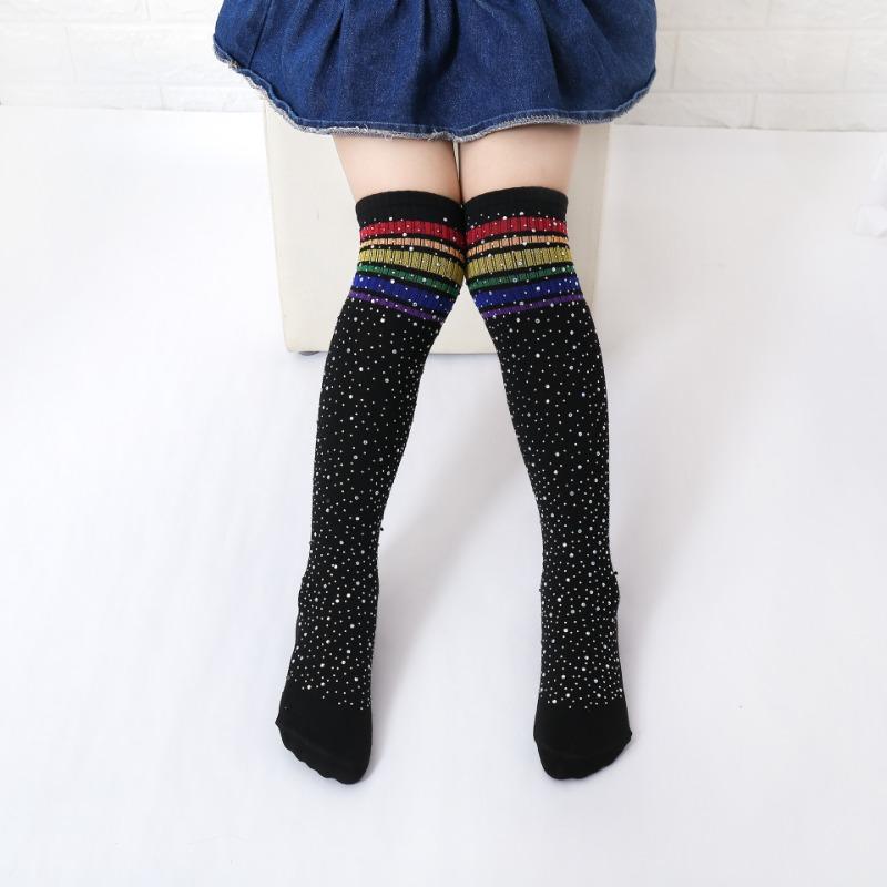 Glitter Rhinestone Kids Socks New Fashion Striped Mid-Calf Cotton Socks for Boys Girls Non-Slip Comfortable Children Crew Socks