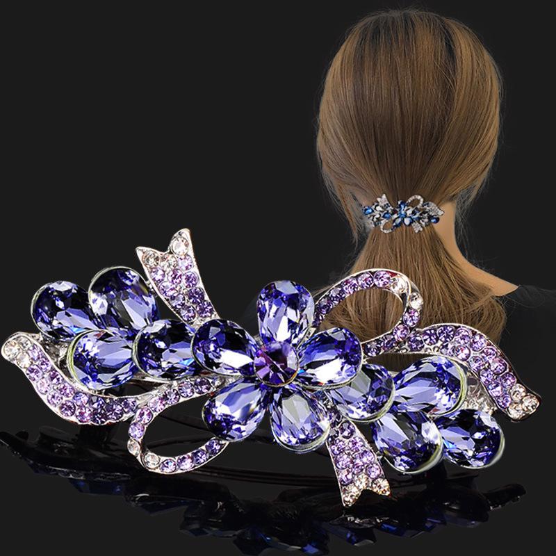 Clip de Primavera de Circonita Blanca Flor de Pedrería Brillante Clip Superior Clip Horizontal Elegante Adorno para el Cabello de Moda para Madres