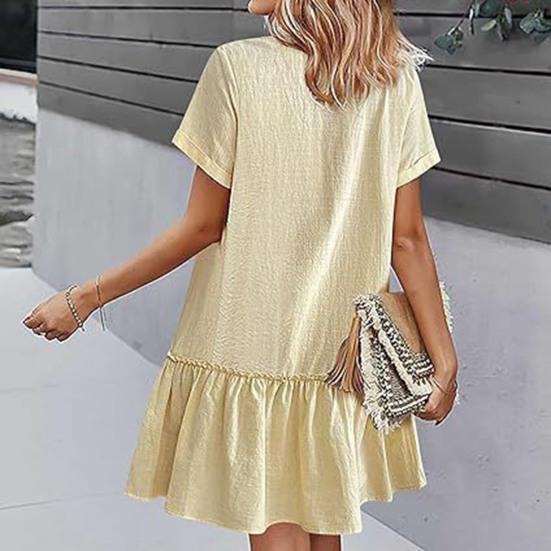 Women's Summer Cotton Linen Midi Dress Casual Short Sleeve V-Neck Button Down Dress Flowy Ruffled A-Line Beach Sundress