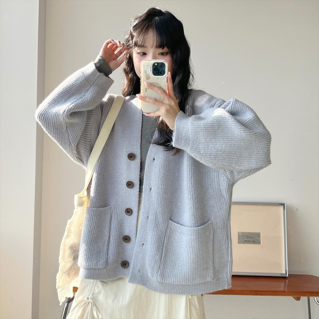 2025 New Autumn Women Sweater Knitting Basic Fashion Tops Tees Cardigan Long Sleeve Solid Shirt Loose Blue Coat