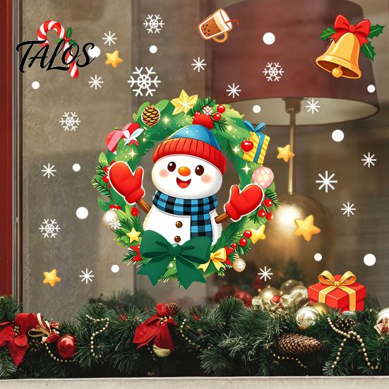 Gingerbread Man Decals Christmas Static Window Sticker, Wreath Pattern Print PVC Removable Decal, Decorative Film Waterproof Glass Cling for