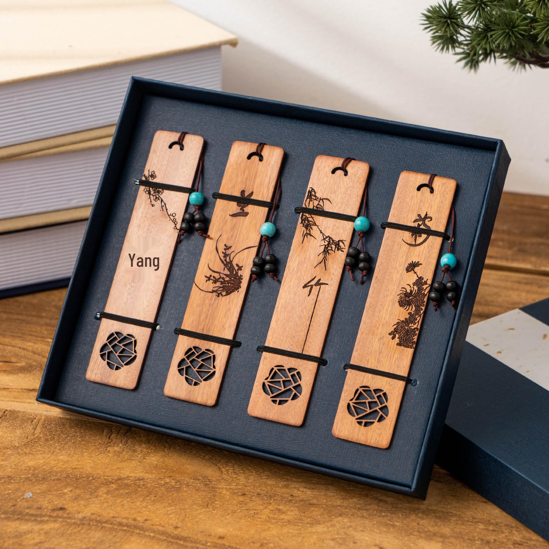 Exquisite Rosewood Bookmark Set: Classical Chinese Design with Engraved Souvenir Gift Box