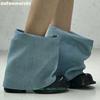 Fashion Big Round Toe Denim Turned-Over Edge Boots 2025 New Fashion Women Black/blue Mid-Calf Trouser Boots Chunky Heel Cowboy Boots