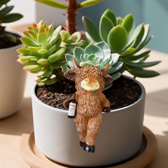 Figura de Vaca de las Tierras Altas Abrazadora de Macetas Divertida Decoración de Maceta de Resina Adorno de Animal de Granja Lindo para Interior Exterior Patio Balcón Jardín Césped