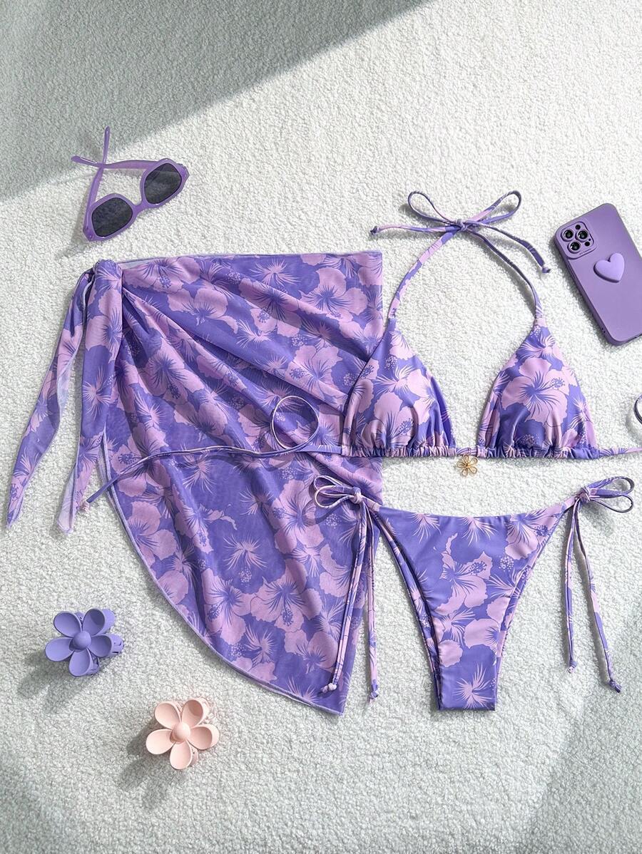 

European And American Sexy Bikini Three-Piece Swimsuit Strap-Up Strap Apron Bikini Split Hot Spring Swimsuit S фиолетовый