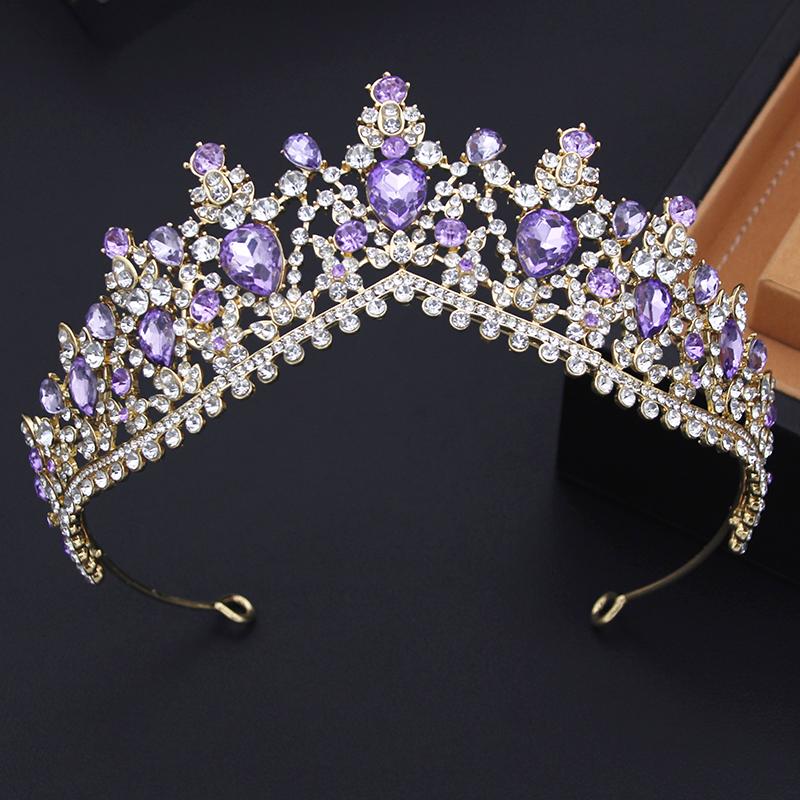 Royal Queen Water Drop Crystal Tiaras and Crowns Purple Bridal Diadem Wedding Crown Girls Hair Jewelry Accessories
