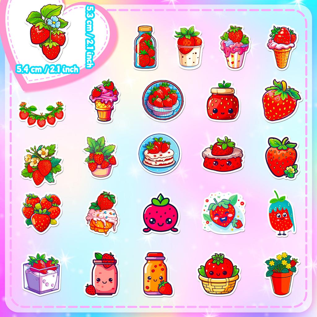 50 Red Heart Strawberry Stickers Girl Heart Cute Strawberry Dessert Personality Cartoon Fruit Stickers