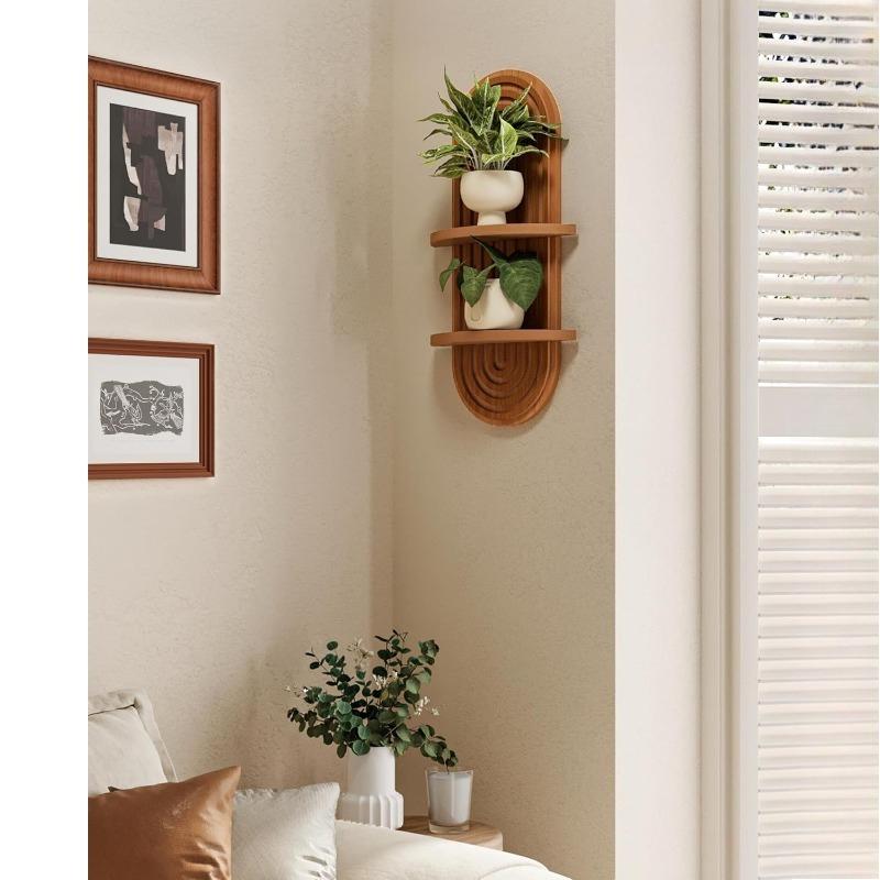 Wall Decor Brown Plant Wall Shelf, Modern Hanging Plant Shelf, 2-Tier Wooden Floating Shelves for Home, Living Room, Office Holding Planter Decoration