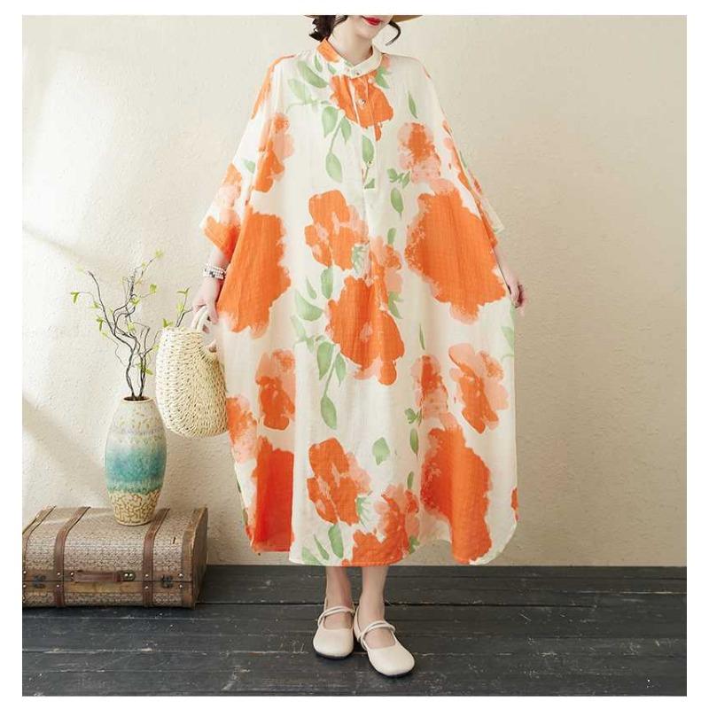2025 Printed Stand Neck Loose Extra-Large Size Vacation Dress