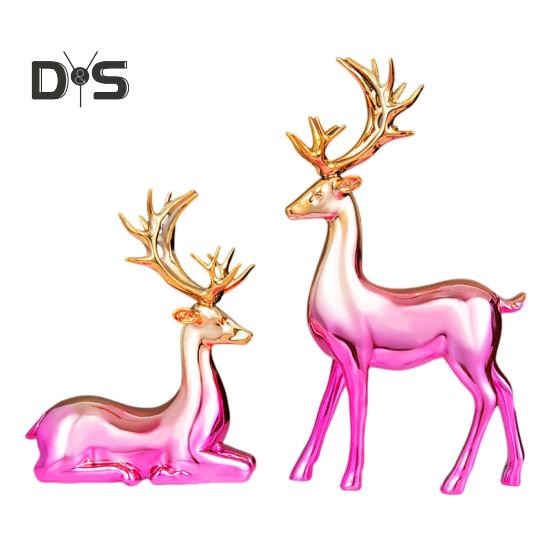 2Pcs Couple Reindeer Figurine Standing Lying Deer Statue Resin Elk Sculpture Christmas Home Office Bookshelf Desktop Decoration Ornament