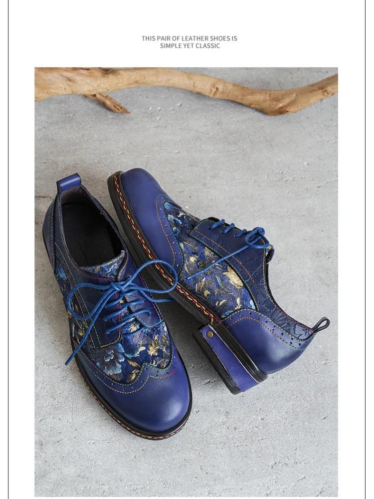 Johnature Genuine Leather Printed Pumps Retro Round Toe Lace Up Low Heel Women's Shoes