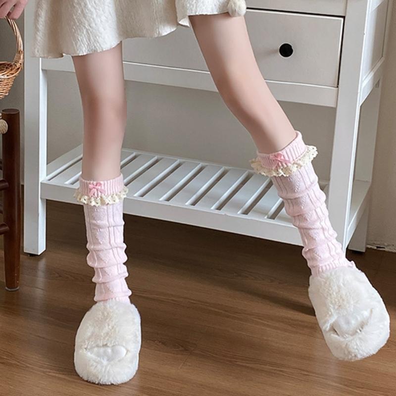 Women Fairycore Knitted Leg Warmers Calf Socks Japanese Sweet Bowknot Ruffled Lace Trim Leg Covers Boot Cuffs Stockings