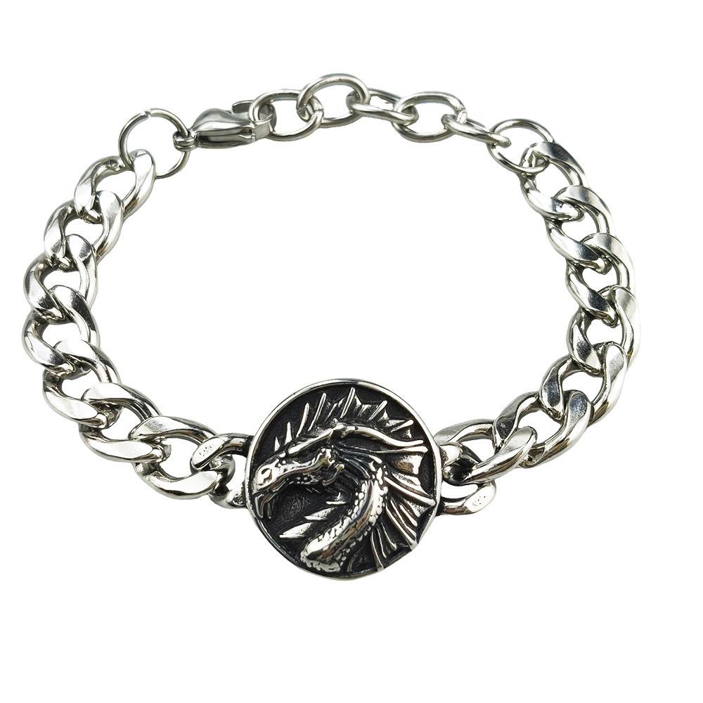 Hip Hop Stainless Steel Vintage Punk Skull Head Dragon Pattern Round Brand Sports Men's Bracelet Accessories