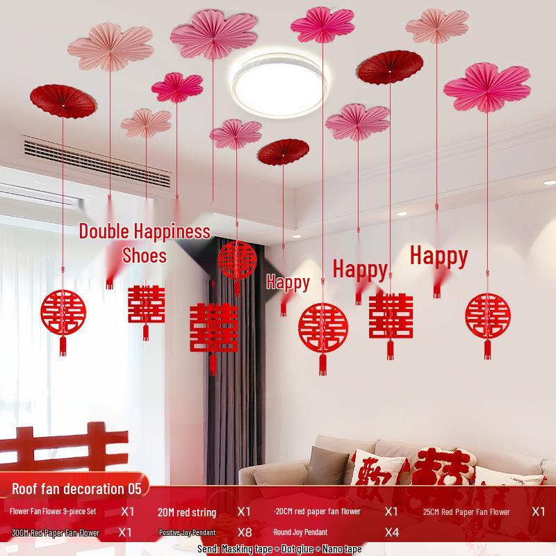 Wedding Ceiling Decoration: Double Happiness Pull Flower Ornament for Bedroom