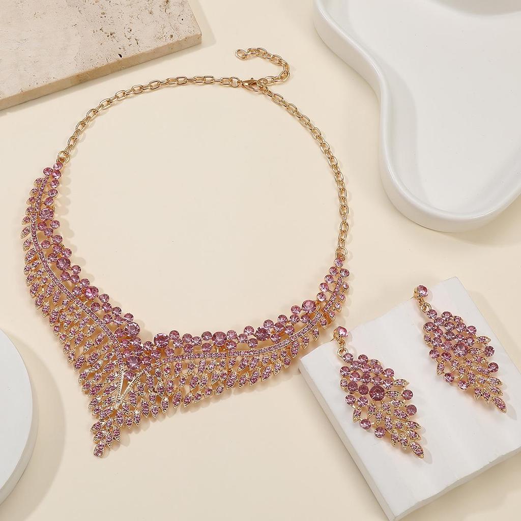 Alloy Clavicle Chain Crystal Gem Necklace & Earring Set - European & American Retro Evening Party Accessories