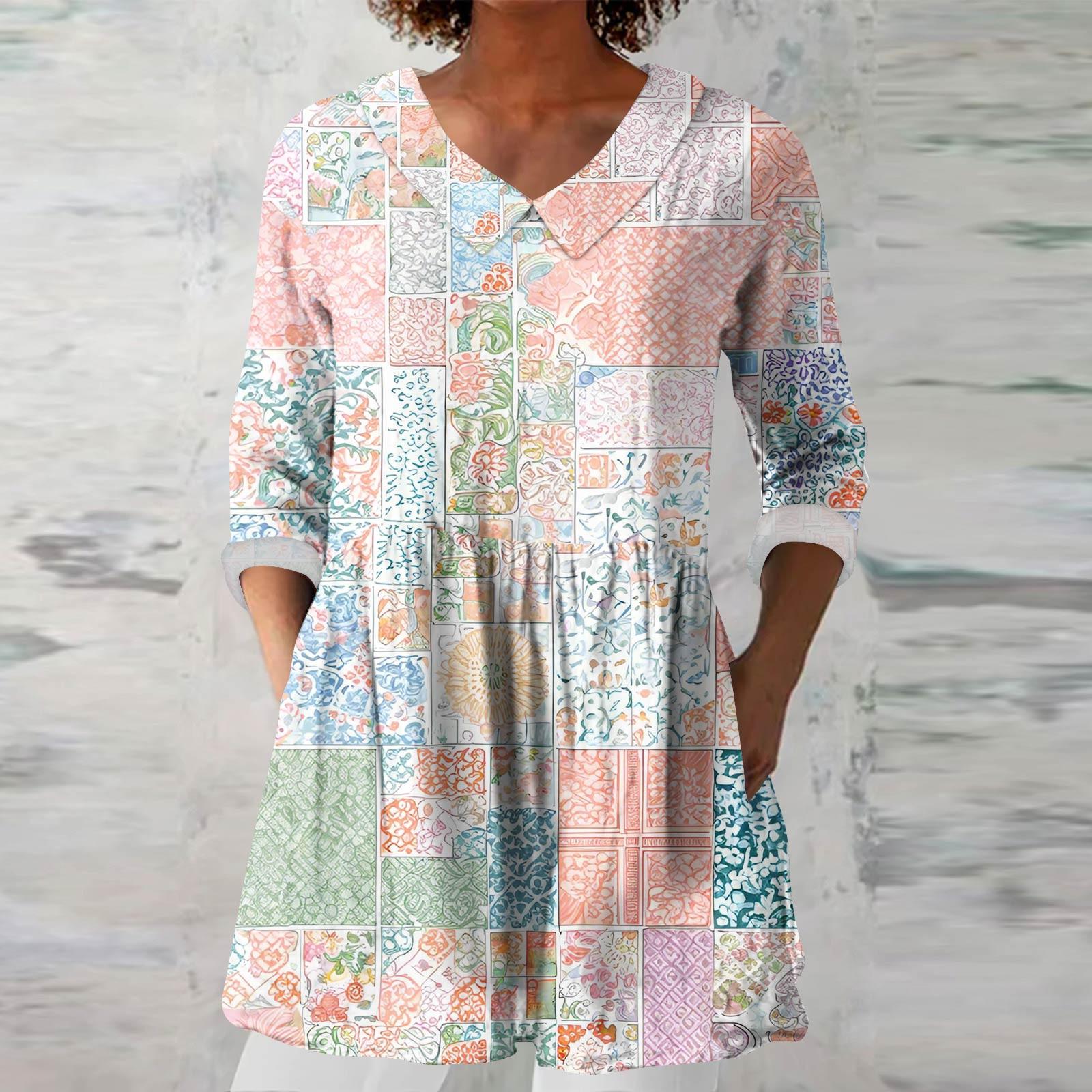 

Женская Мода Повседневная Семь Рукавов Карман Отложной Воротник Принт Футболка Рубашка Топ XL арбуз красный