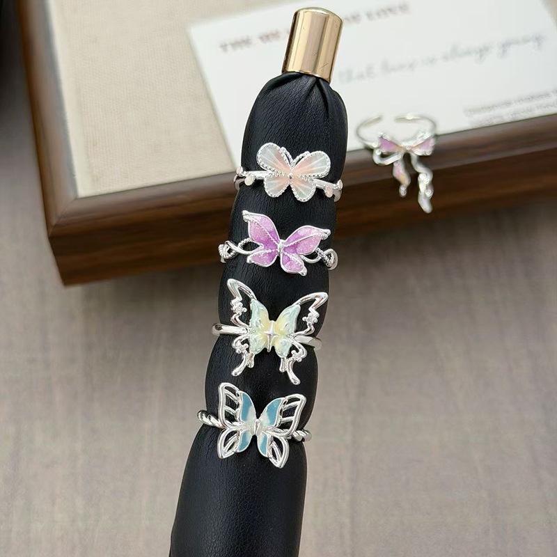 Double-Layer Butterfly Enamel Dripping Oil Sweet And Cool Open Ring Small Fresh Temperament Stacked Wearing Personalized Niche Ring Woman
