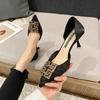 2025 spring new rhinestone square buckle single shoes women's satin versatile pointed high heels thin heel shallow mouth work shoes