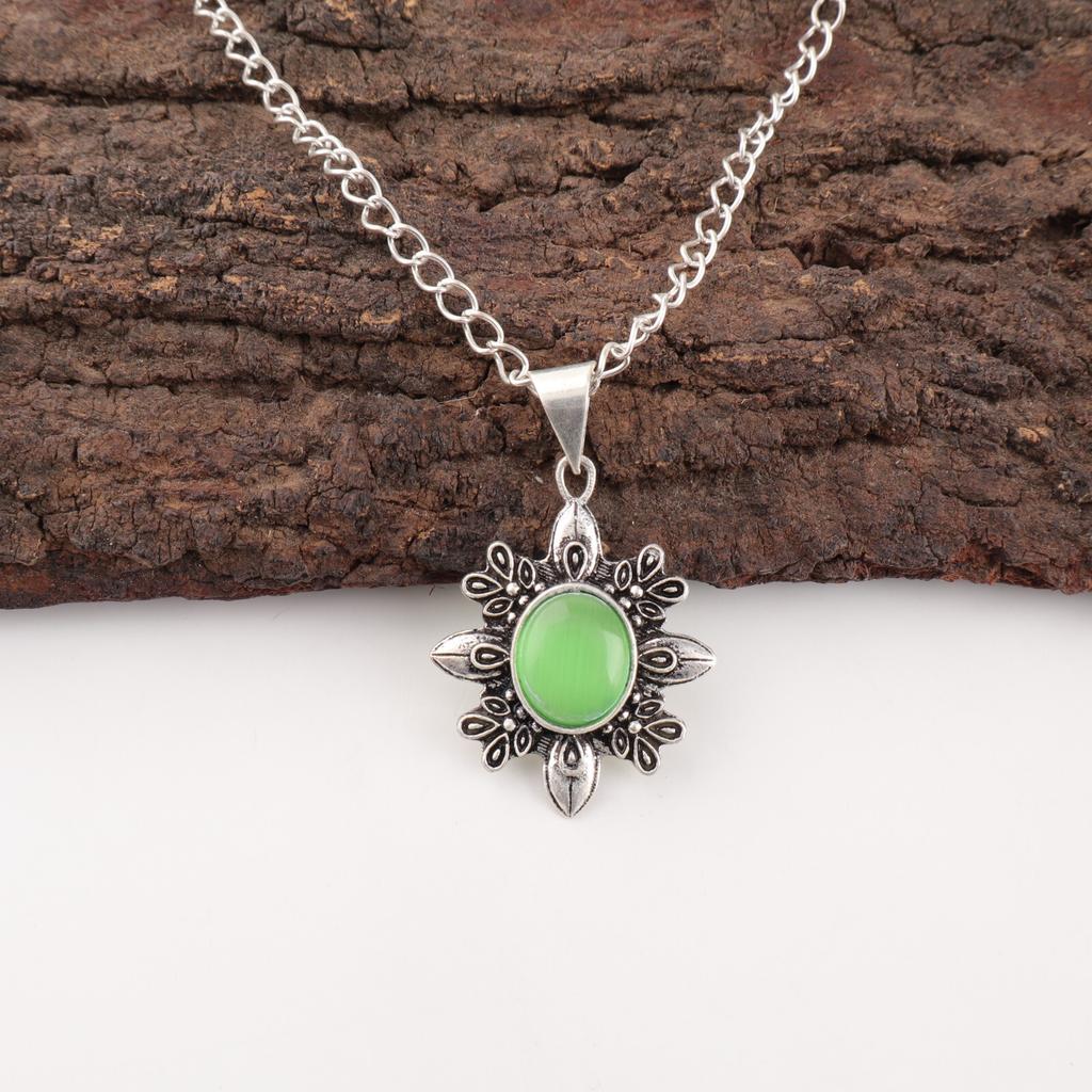 Green Cat's Eye Gemstone 925 Stamped Silver Jewelry Handmade Chain Pendant 1.62" CP-12-41