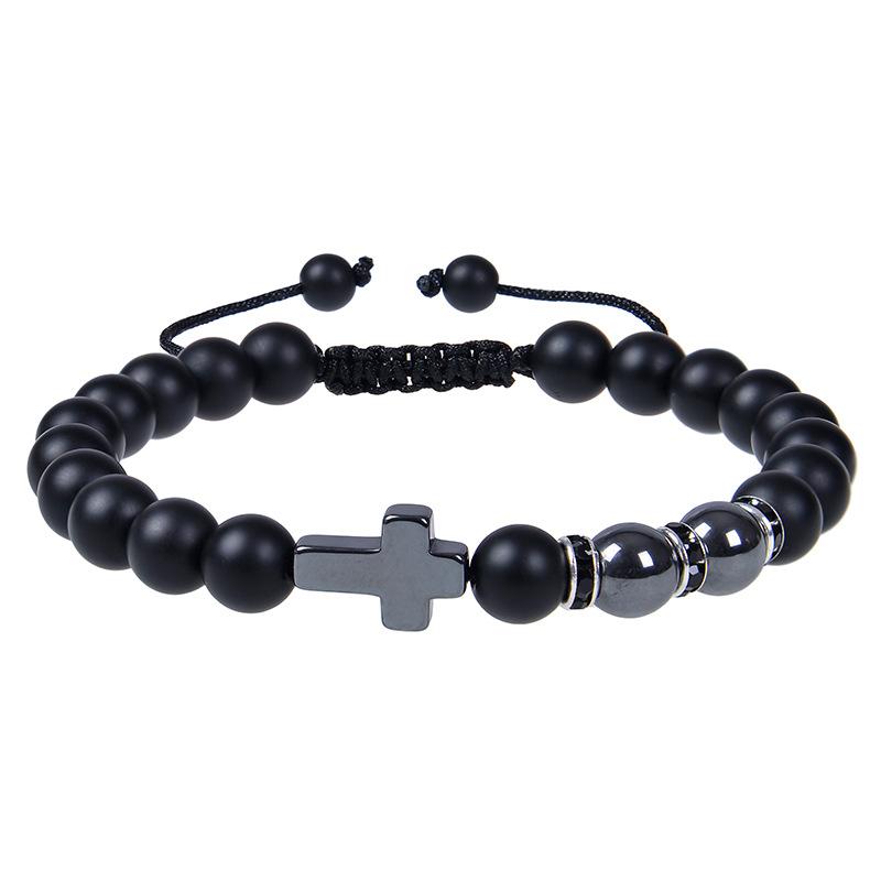 Charm Natural Stone Bracelet Cross Black Lava Matte Beaded Bracelets Handmade Men Women Prayer Fitness Chain Couple  Gift